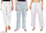 Women's premium stretchable cotton pajamas, no pockets, white base with multiple colorful designs