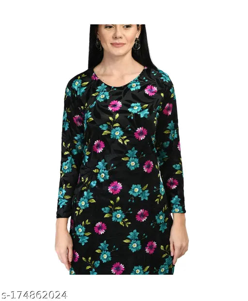 Dark blue velvet long-sleeve tunic dress with floral print, V-neck, mid-calf length, side pockets and slits on sides