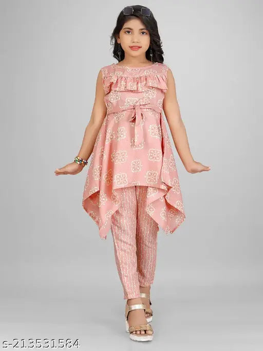 Printed rayon A-line kurta and trousers set for girls festive party wear, Indian crafted Cambric cotton fabric