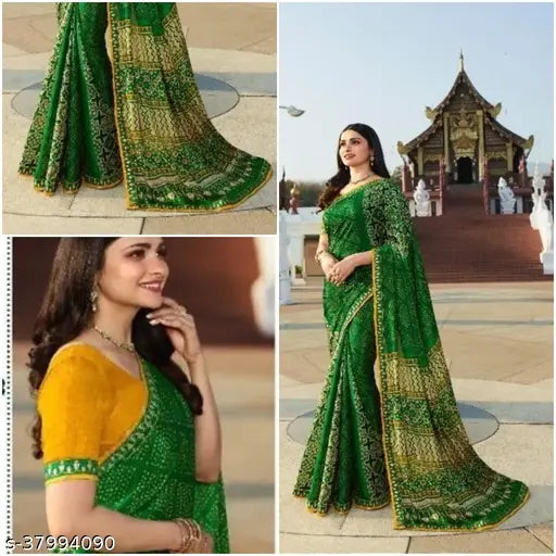 Moss chiffon Bandhni saree with separate dupion silk blouse, printed pattern matching border - daily wear, India origin