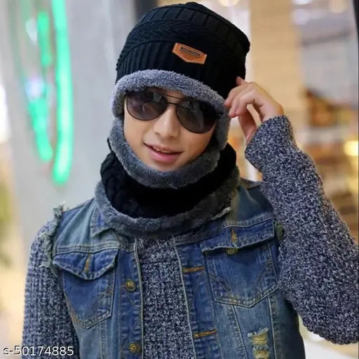 Woolen beanie cap with attached scarf, unisex design