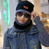 Woolen beanie cap with attached scarf, unisex design