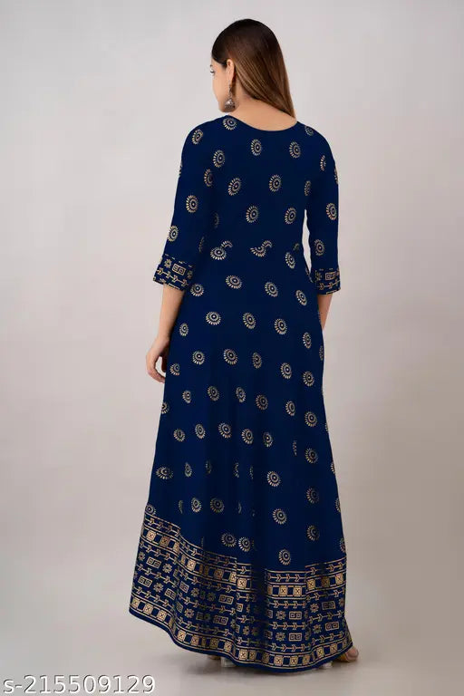 Navy Blue Rayon Printed Anarkali Kurti for Office/Party Wear, ethnic gold print, round neck, 3/4th sleeves, floor-length construction
