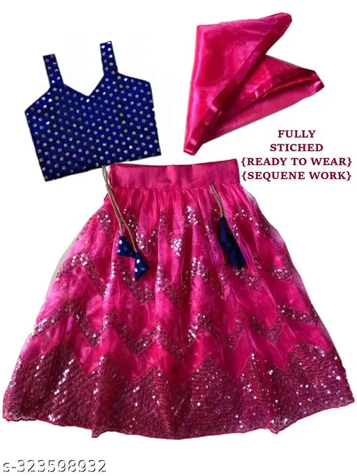 Kids taffeta silk lehenga choli with net dupatta, embellished chevron stitch, sleeveless, Indian traditional clothing for toddlers aged 6-8 years