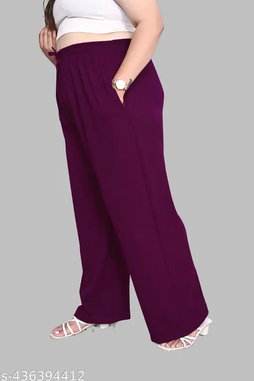 Plus size purple Korean baggy style pant, viscose rayon, stretchable cotton lycra. Premium quality pants with elastic band and drawstring waist closure, side pockets with zip closure, and length of 40 inches in all sizes