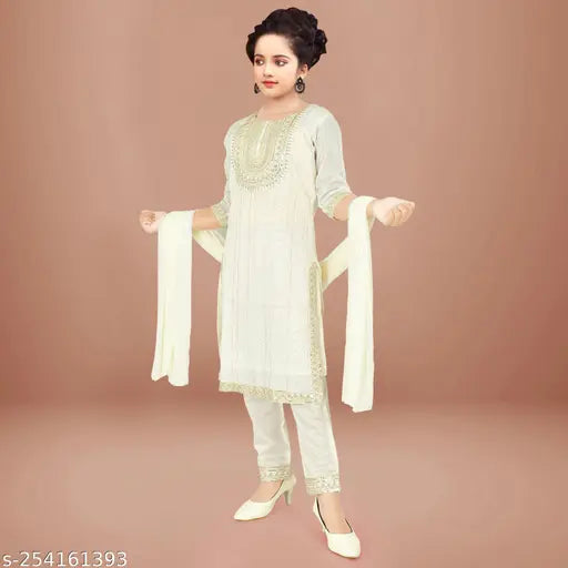Off-white Chanderi embroidered Salwar Suit set for girls, featuring a striped top with three-quarter sleeves and matching churidar bottoms. Set includes dupatta, suitable for ages 4-16 years old. Indian origin