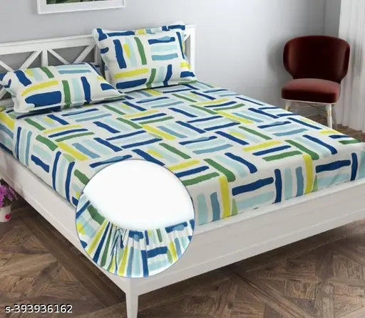 Attractive glace cotton fitted bedsheets & 2 matching pillocovers, geometric print, elastic band, double queen size, machine washable, Indian origin