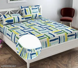 Attractive glace cotton fitted bedsheets & 2 matching pillocovers, geometric print, elastic band, double queen size, machine washable, Indian origin