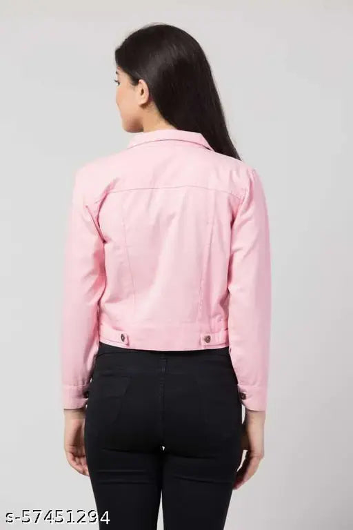 Pink Solid Denim Jacket for Women & Girls (SMLXL), full sleeve, cotton fabric, sophisticated style