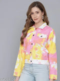 Cotton women's winter season jacket with printed net design, long sleeves and size options for S (34in bust, 20in length) and L (38in bust, 20in length)
