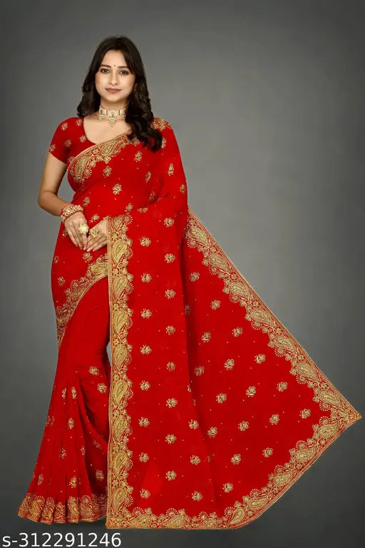 Red sari with heavy embroidery, full diamondstone handwork