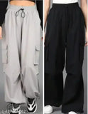 Black cotton cargo pants, side pockets, relaxed fit