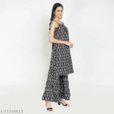 Black cotton printed kurta set, sleeveless, sharara style, with fitted pants and ankle length trousers