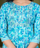 sky blue rayon anarkali kurti with printed combo, three-quarter sleeves on model