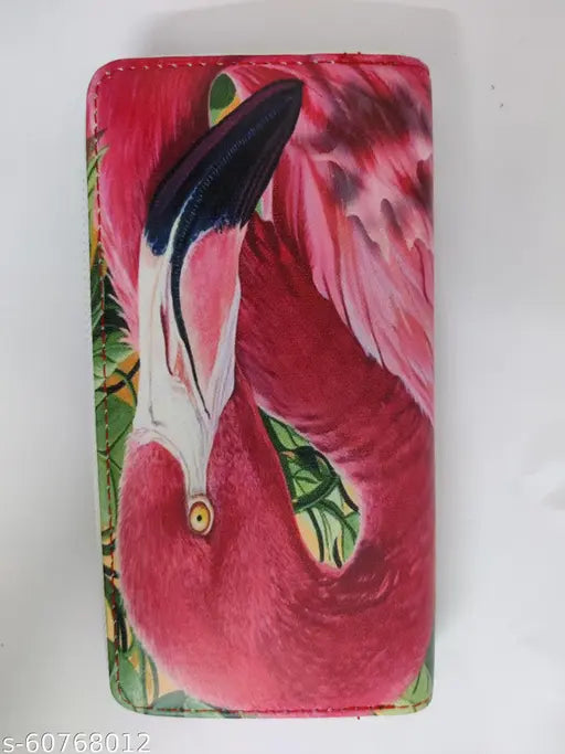 Trendy girl's pink clutch purse with flamingo print and zip closure