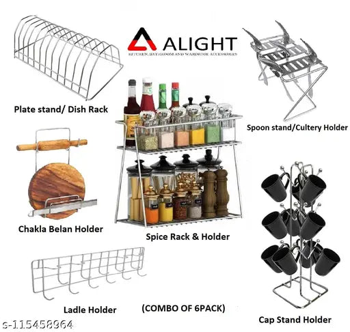 Dish rack, plate stand, spoon stand, cutlery holder, ladle cradle, hook rail, chakla belan holder, rolling pin stand, cup stand, mug holder, spice rack, multipurpose storage rack