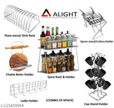 Dish rack, plate stand, spoon stand, cutlery holder, ladle cradle, hook rail, chakla belan holder, rolling pin stand, cup stand, mug holder, spice rack, multipurpose storage rack