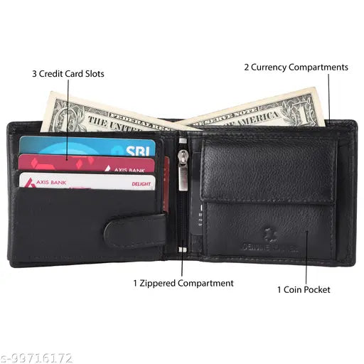 Black leather men's wallet with RFID blocking, featuring two cash compartments, six card slots, and a coin pocket. High-quality full-grain leather, perfect for gifting this festive season