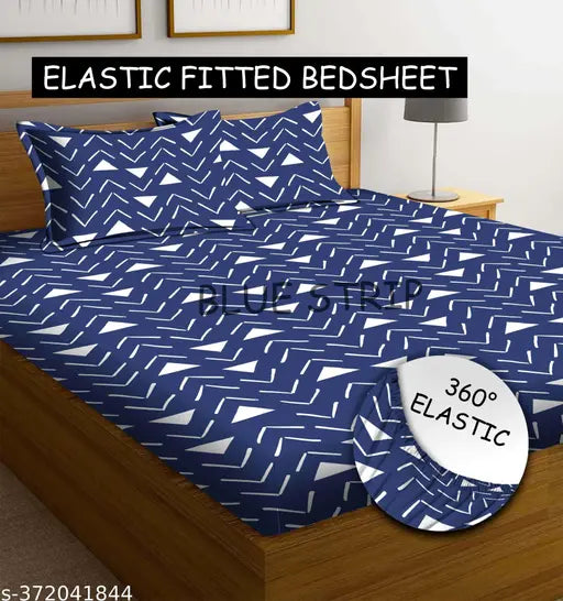 Geometric-patterned, superfine cotton double bedsheet set with 2 pillow covers (78x72+10 / 28x18), ideal for heavy mattresses in mild winter, Kamal Textiles elasticated