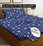 Geometric-patterned, superfine cotton double bedsheet set with 2 pillow covers (78x72+10 / 28x18), ideal for heavy mattresses in mild winter, Kamal Textiles elasticated