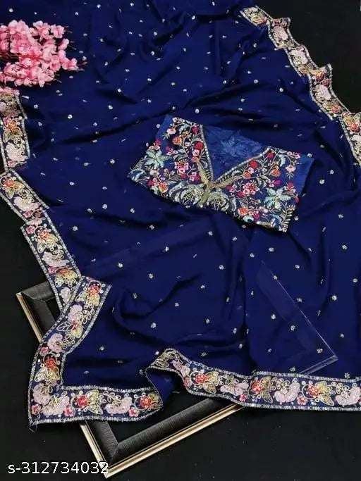 Embroidered saree with blouse, blue color, designed for women