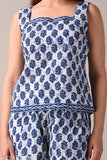 Blue printed cotton top & shorts set by Kannahi, perfect for sleepwear or loungewear with elastic waist and side pockets, made of 100% super cotton fabric