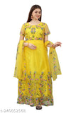 Yellow net chain stitch embroidered gown, semi-stitched with short sleeves, free size (bust 44in, length 52in), dry clean or hand wash, India origin
