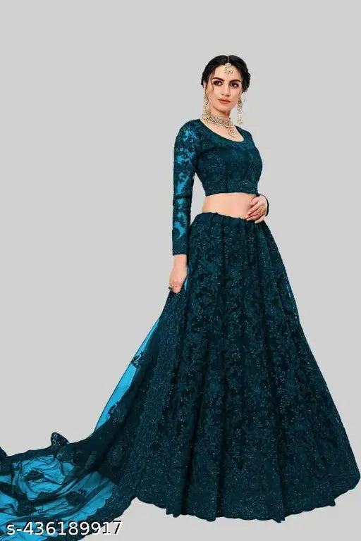 Pure net women's lehenga choli with botanical embroidery, free size (44in waist, 44in length), Indian-made