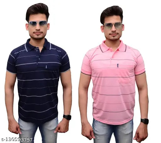 Cotton Pink Horizontal Stripes Polo T-Shirts Pack 2, perfect summer casual & formal wear (S: 36" x 26.5"), India origin