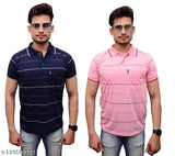 Cotton Pink Horizontal Stripes Polo T-Shirts Pack 2, perfect summer casual & formal wear (S: 36" x 26.5"), India origin