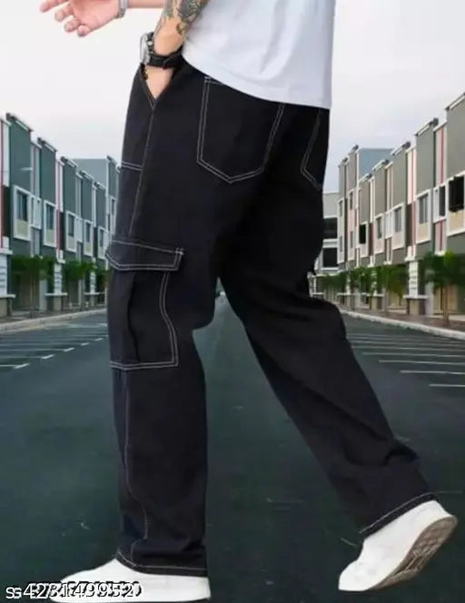 Stylish denim cargo jeans for men and women, abstract pattern, 6 pockets, Indian-made
