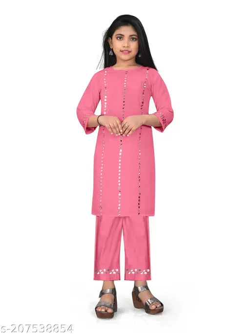 Baby Pink Aari Work Kurta Set, embellished straight palazzo set for girls aged 7-8 years