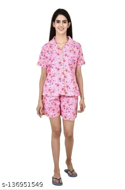 Pink cotton nightsuit with front open pocket and short length for women and girls, high quality summer wear
