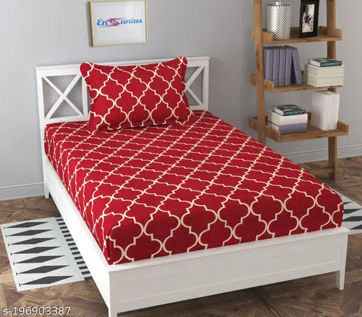 Red single bedsheet with pillow cover, geometric pattern, 196903387