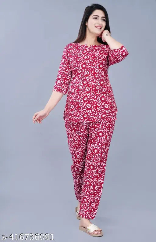 Rayon printed nightsuit, vibrant Indian-made ladies' nightwear with three-quarter sleeves and pyjama style