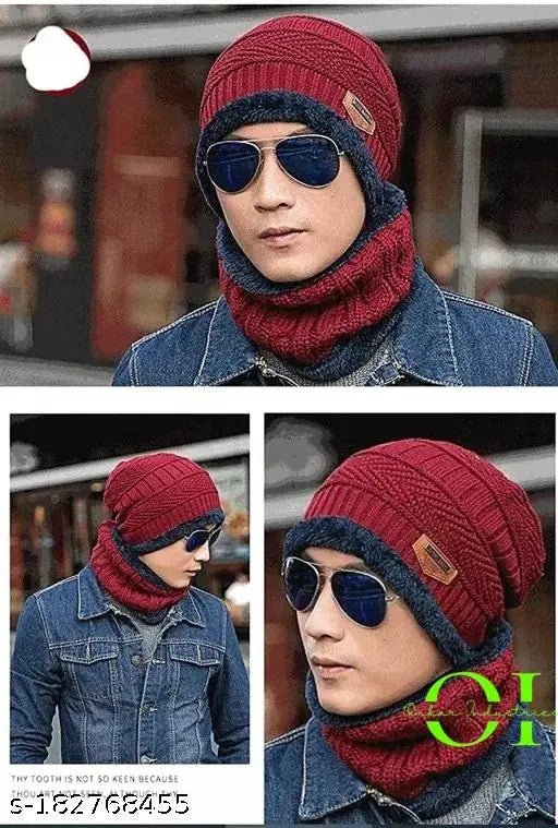 Assorted color woolen winter cap by Omkar Industries with neck warmer and fur, men's balaclava style for cold weather