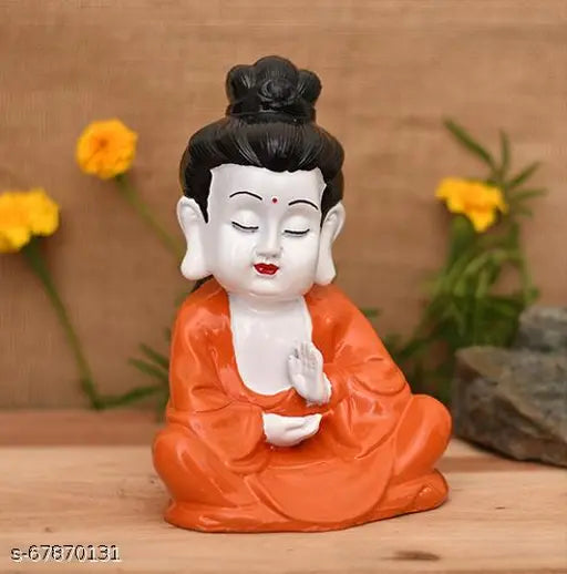 Poly Resin orange Buddha statue: 12cm tall, THE RICH PARI handcrafted Little Baby Monk Showpiece for home & office decor
