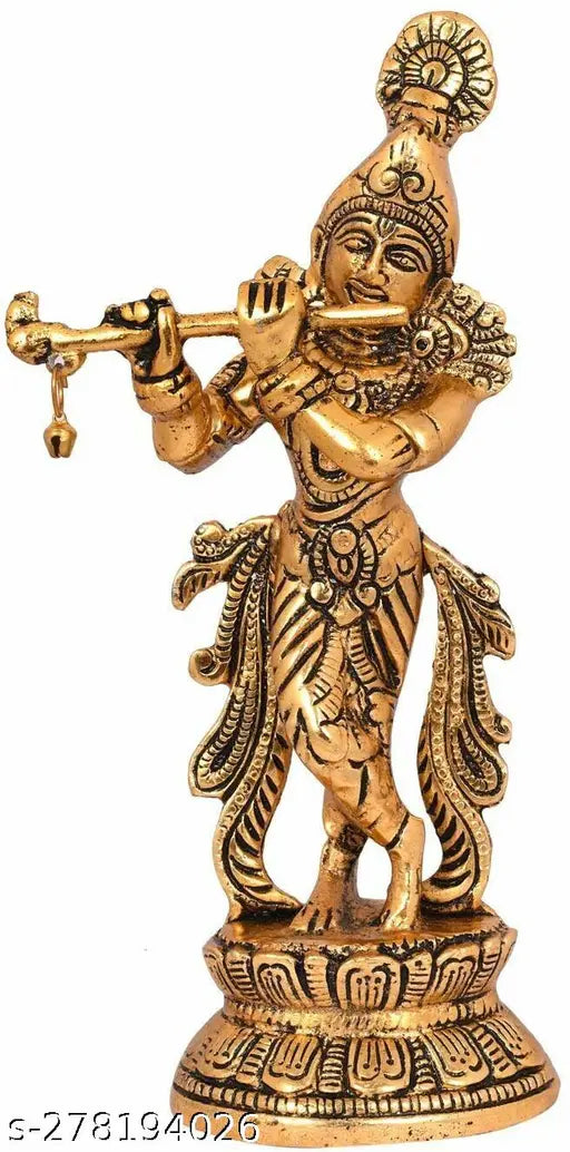 Krishna idol playing flute, intricate metal sculpture for home, temple, office decor and gifting, size L10x6x23cm (India)
