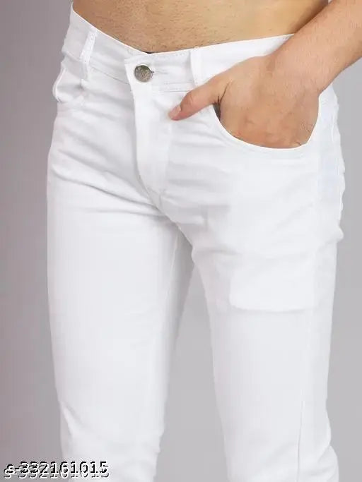 Comfits white cotton blend jeans, men's solid style with various sizes available (26-36) from JAINENTERPRISES