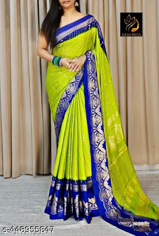 Trendy Moss Foil Saree with luminous floral designs, light blue base color