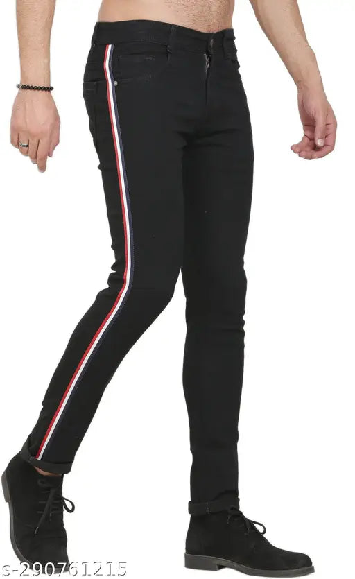 Sobbers men's black poly cotton side-stripe jeans(SC001-SBCMJ-003), versatile and comfortable casual/party wear with stretchable fabric. Perfect fit for sizes 28, 30, 32, 34, 36 (w: 28in, l: 40in). Made in India