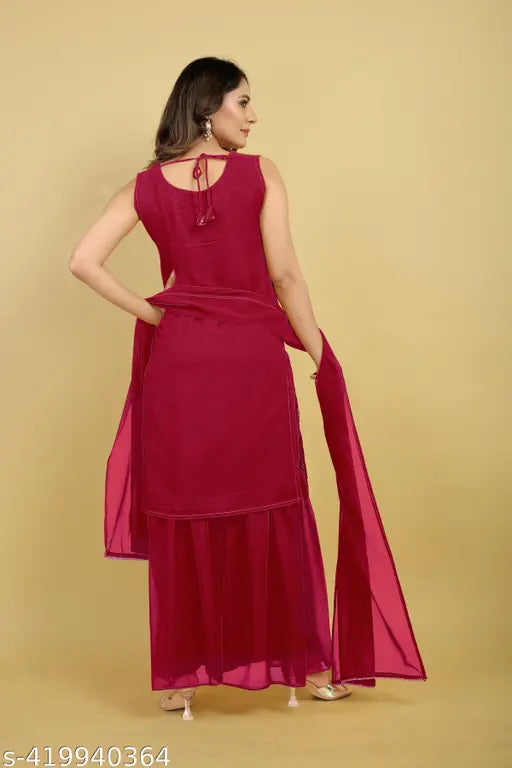 Burgundy faux georgette kurta with dupatta and sharara style, embroidered border
