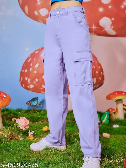 Lavender cotton-blend cargo pants for women, high waist, functional pockets, zipper fly closure - great for casual daily wear and outdoor activities. Machine washable. Measurements in image before ordering. Made in India
