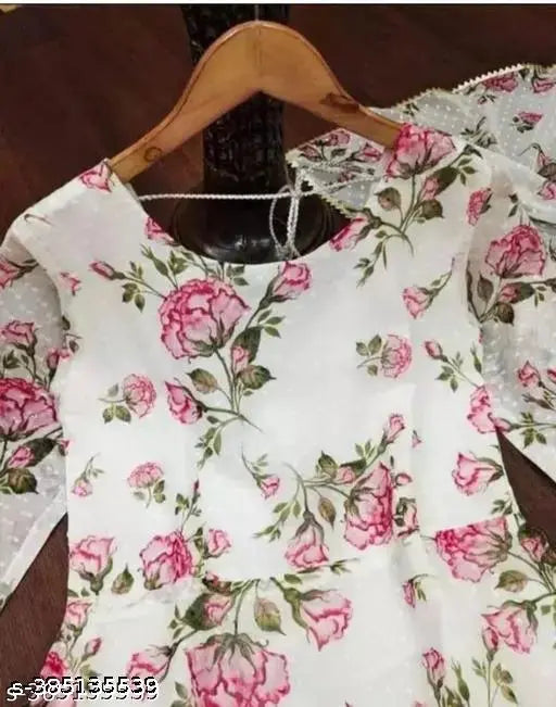 White cotton blend flower print gown with dupatta, three-quarter sleeves, India origin
