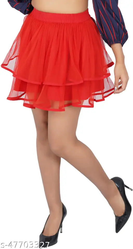 Anjelino red women's crepe above knee length skirt