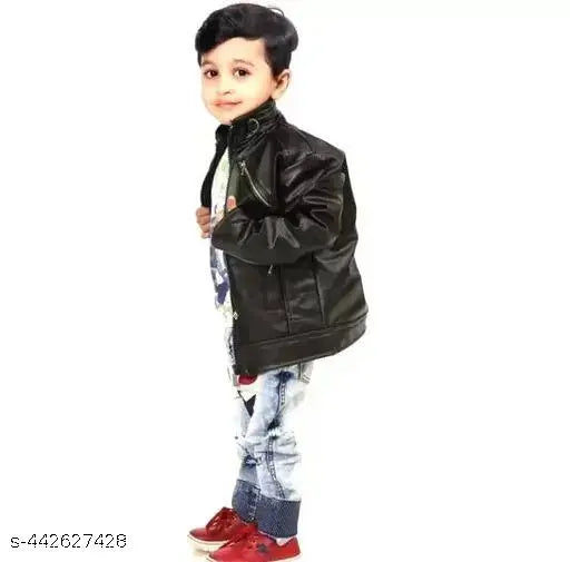 Black kids' leather jacket with black collar and cuffs