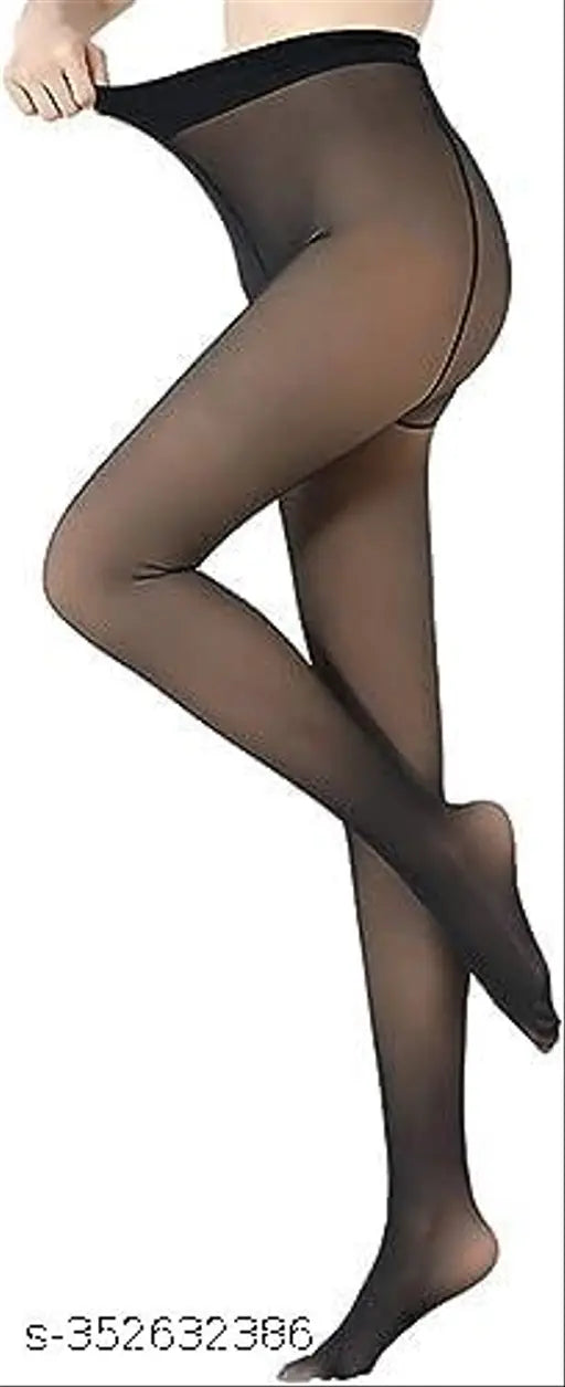 Warm fleece-lined opaque tights, cotton blend in solid black, high waist for women's winter wear