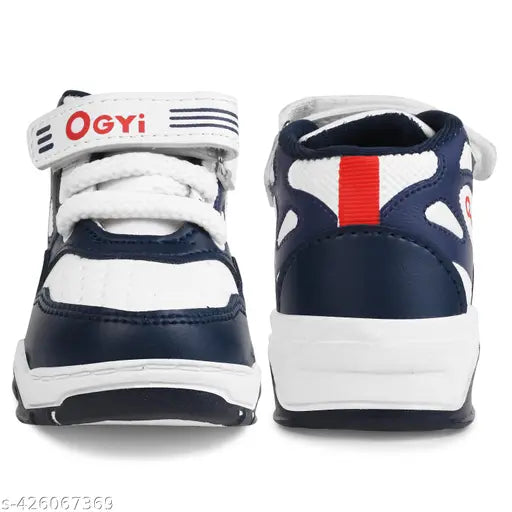 Blue and white sport running shoes with velcro closures, suitable for children