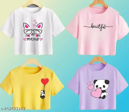 Cotton blend crop top, printed net trendy round neck for women and girls - short sleeves, size M (36 in bust)