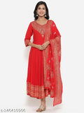 Red, embroidered, kurta dupatta set